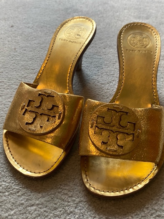 Tory Burch Shoes - Tory Burch Metallic Gold Logo Slide Mules